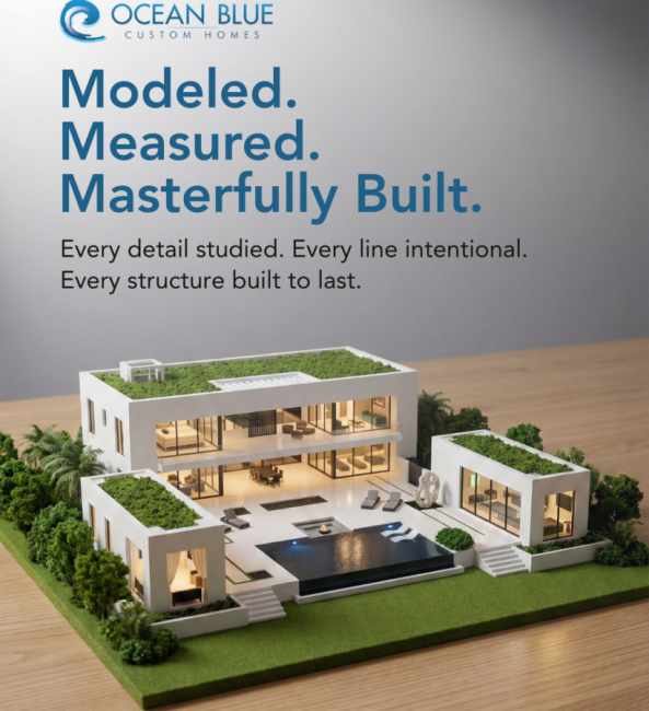 Completed Ocean Blue Custom Homes residence — modeled, measured, masterfully built