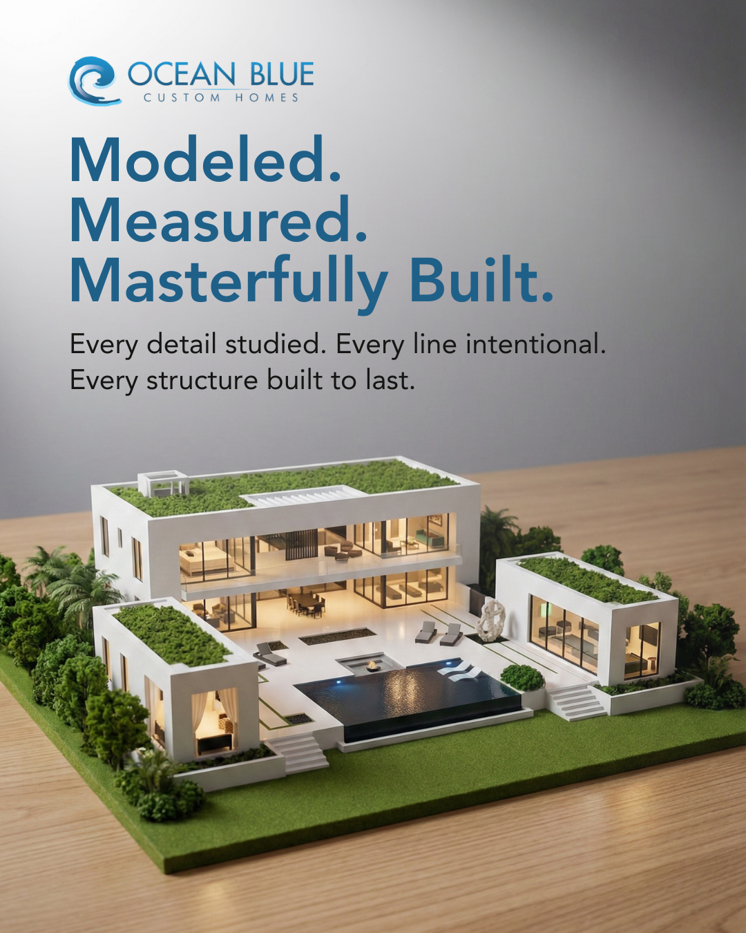 Completed Ocean Blue Custom Homes residence — modeled, measured, masterfully built